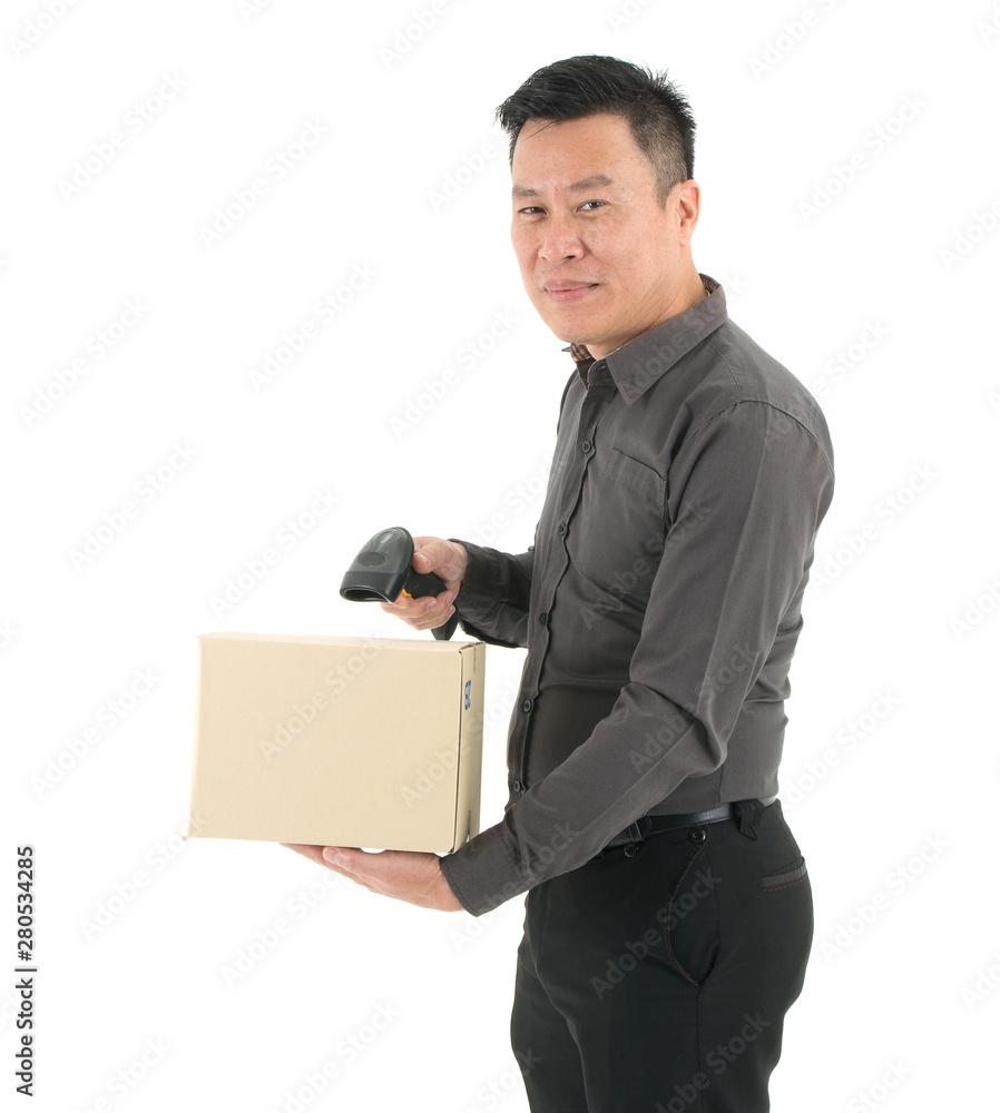 Businessmen holding barcode readers scanning package isolated on white background Businessmen holding barcode readers scanning package isolated on white background