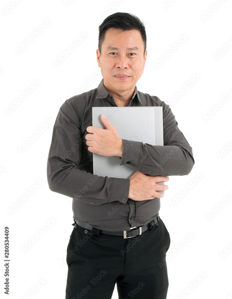 Happy businessman hold and hug a folder tightly isolated on white background Happy businessman hold and hug a folder tightly isolated on white background