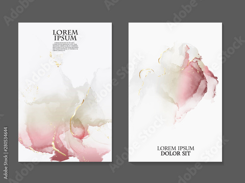Presentation, flyer, invitation alcohol ink design. Vector art with watercolor liquid  splash in  red green soft colors. Tender rose acrylic marble liquid design