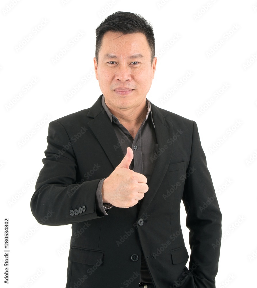 Portrait of confident businessman present confidence by showing thumb, isolated on white background Portrait of confident businessman present confidence by showing thumb, isolated on white background