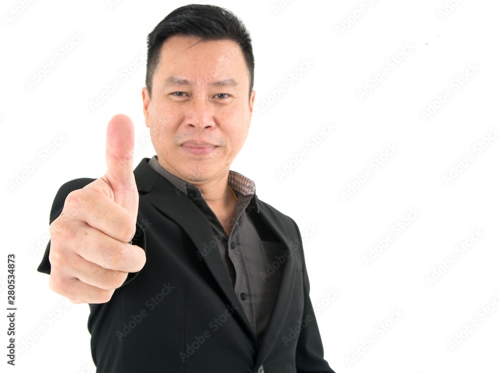 Portrait of confident businessman present confidence by showing thumb, isolated on white background Portrait of confident businessman present confidence by showing thumb, isolated on white background