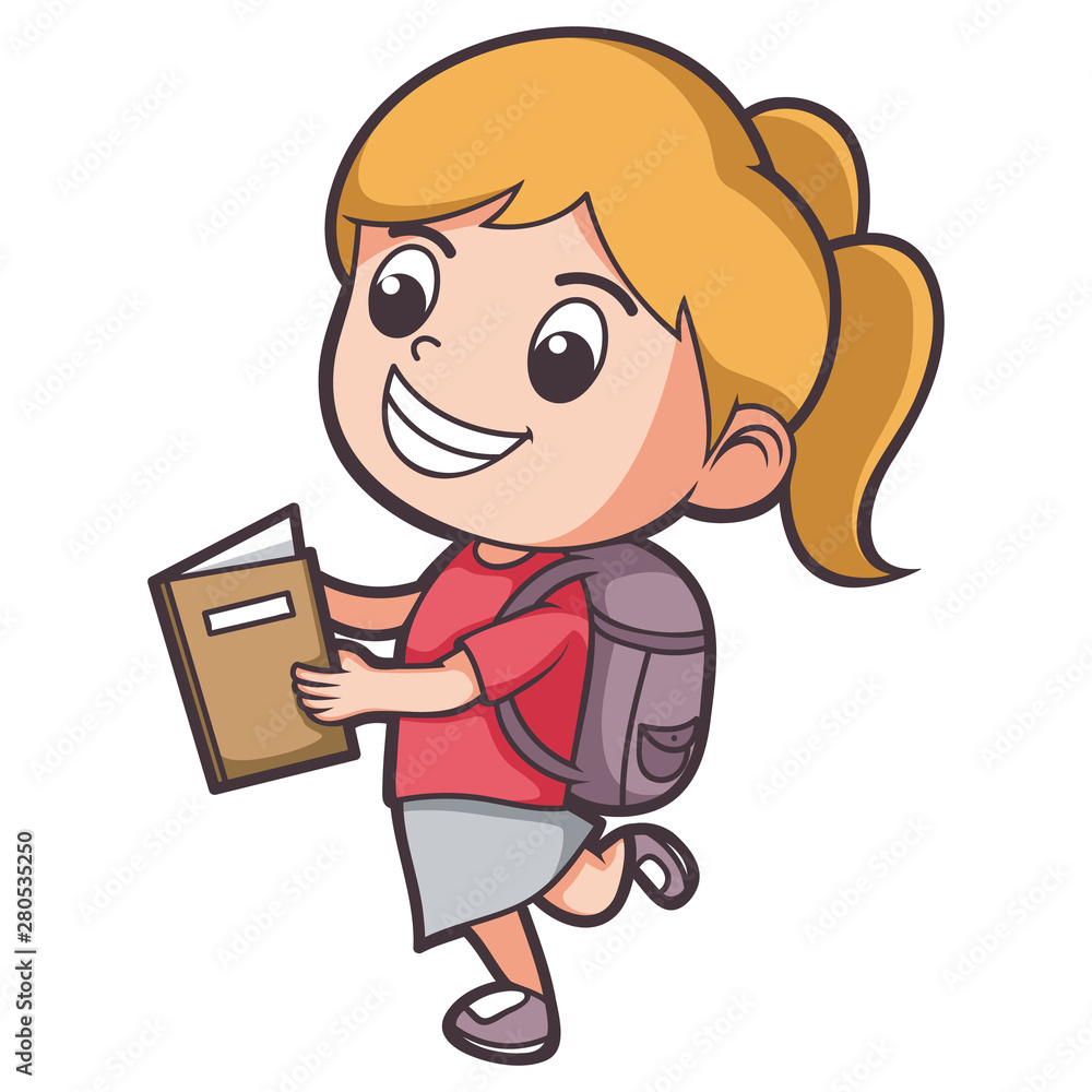 cartoon little girl happy to go school and holding the book cartoon little girl happy to go school and holding the book