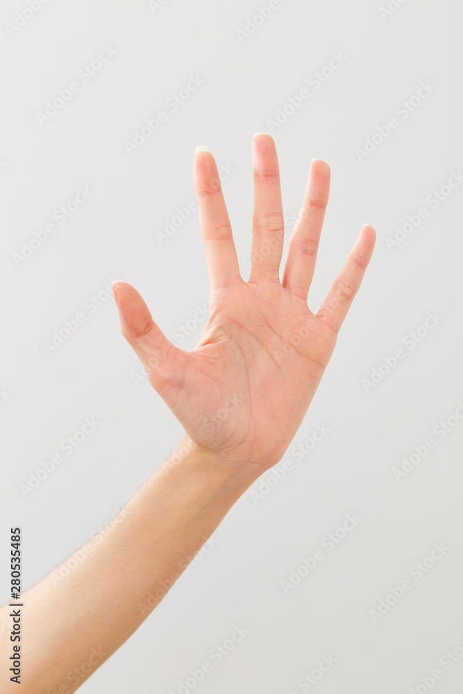Woman's hand signing hello on white Woman's hand signing hello on white