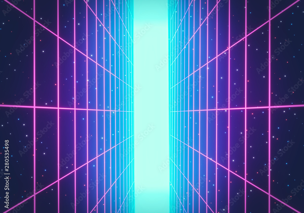 80s Retro Futurism Sci-Fi Background. glowing vertical neon grid. banner, poster. 3d rendering - obrazy, fototapety, plakaty 