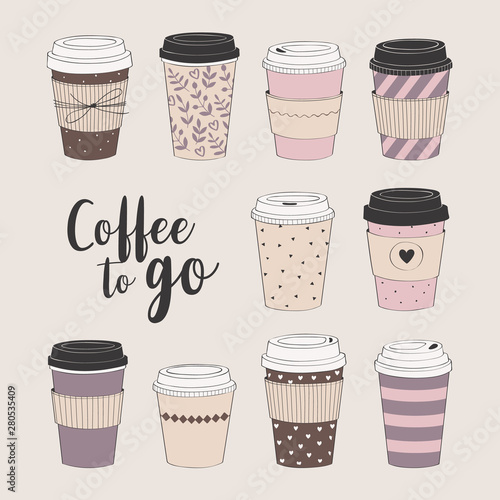Coffee cup set. Vector collection with various disposable cups of coffee to go. Hand drawn doodle illustration