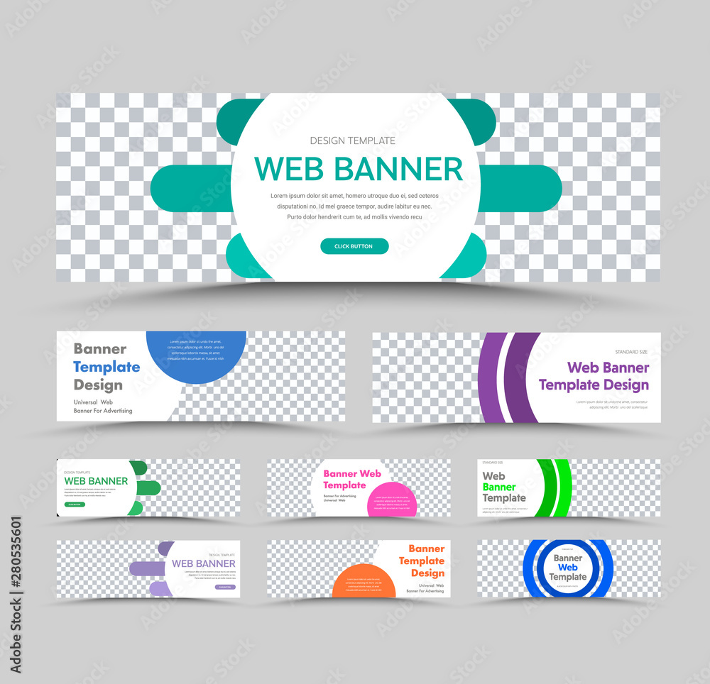 Big set of vector templates of white horizontal web banners with circular color design elements and a place for an image. Big set of vector templates of white horizontal web banners with circular color design elements and a place for an image.
