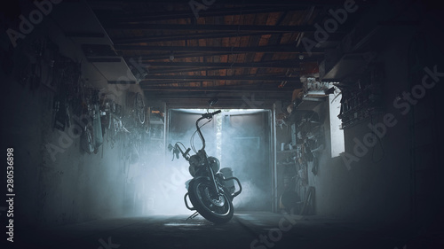 Foto chopper in a garage in puffs of smoke