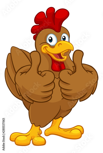 A chicken cartoon rooster cockerel character mascot giving a thumbs up.