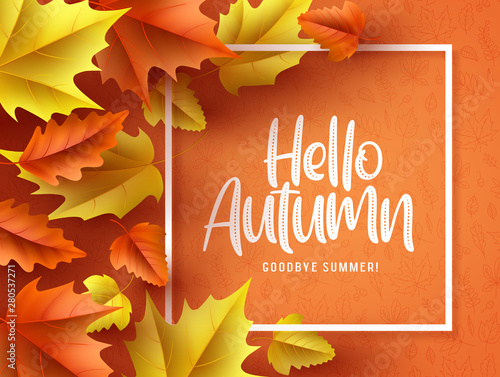 Hello autumn vector background  banner. Hello autumn greeting text in white frame with fall seasonal dry maple and oak leaves in orange pattern background. Vector illustration.