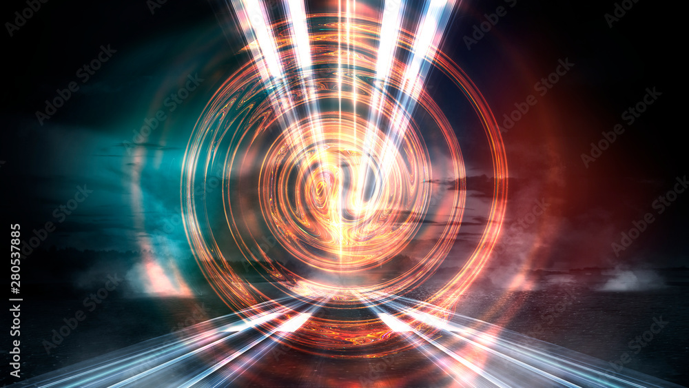 Fototapeta premium Dark night street scene, abstract neon light in the dark, reflected on a wet surface. Fireball, neon circle, abstract light tunnel.