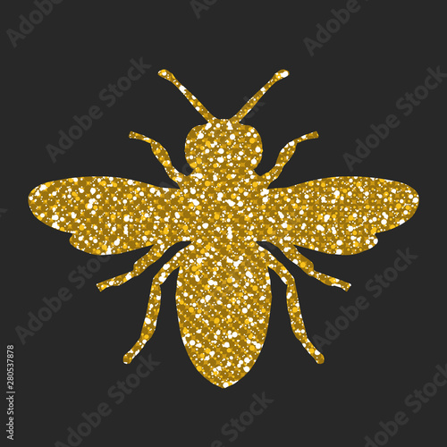 Golden Glitter Honey Bee Shape On Black Background. Vector Silhouette.
