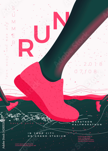 Vector typographic running poster template, with runners, grunge textures, and place for your texts.