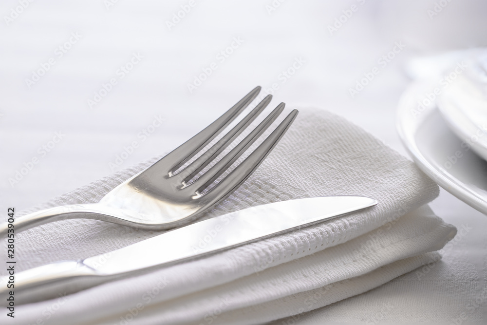 Close up of dinning set silverware fork and knife. Copy space Close up of dinning set silverware fork and knife. Copy space