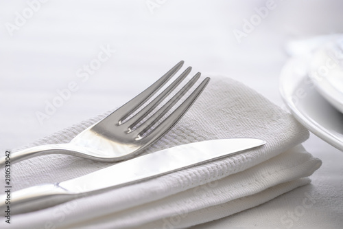 Close up of dinning set  silverware fork and knife. Copy space