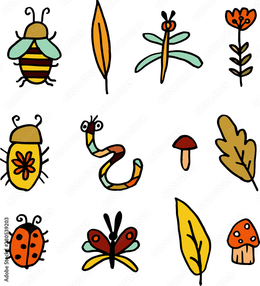 Set of 12 autumn elements. Mushrooms, insects, flower and autumn leaves. Bee, dragonfly, beetle, butterfly, worm and ladybug on an isolated white background.