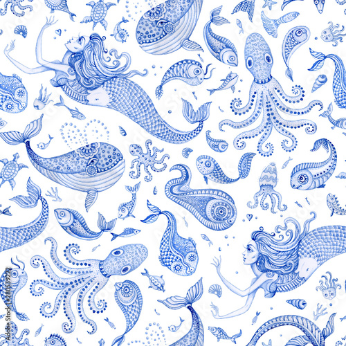 Obraz na płótnie Seamless wallpaper pattern of indigo blue hand painted fairy tale sea animals and mermaid