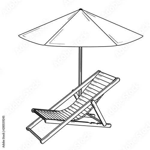 Folding garden lounger and open parasol.