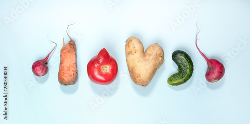 Six ripe ugly vegetables: potato, tomato, cucumber and radish laid out in row on light blue background. 