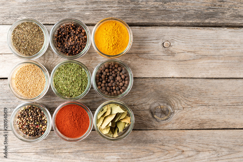 Various kinds of spices in bowls. Big collection. Top view © One Pixel Studio