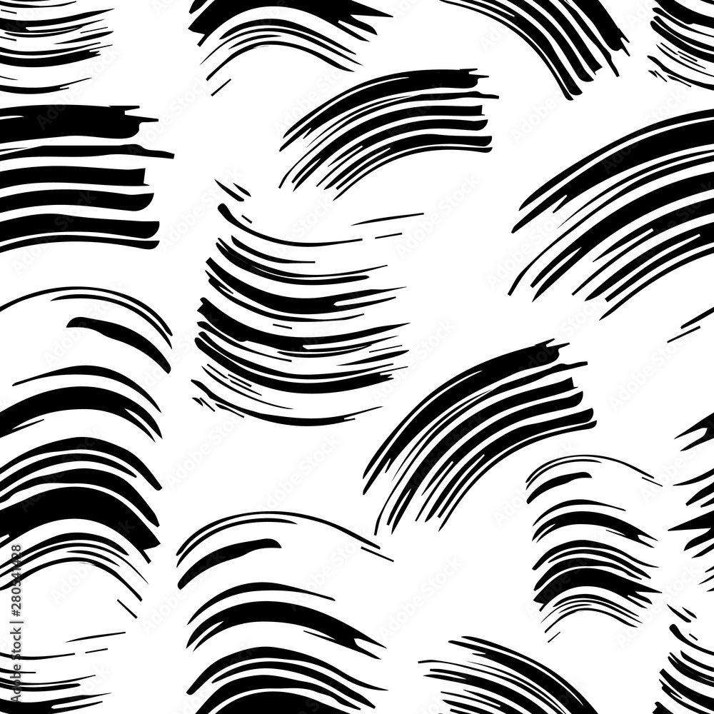 Seamless monochrome pattern. Abstract background. Imprint, blot, brushstroke, mascara brush. Decorative print on white background.