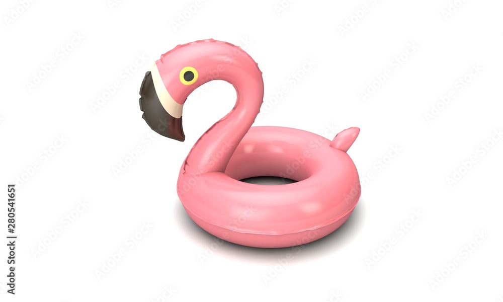 Fototapeta Summertime pink inflatable falmingo on a white background. 3D Render