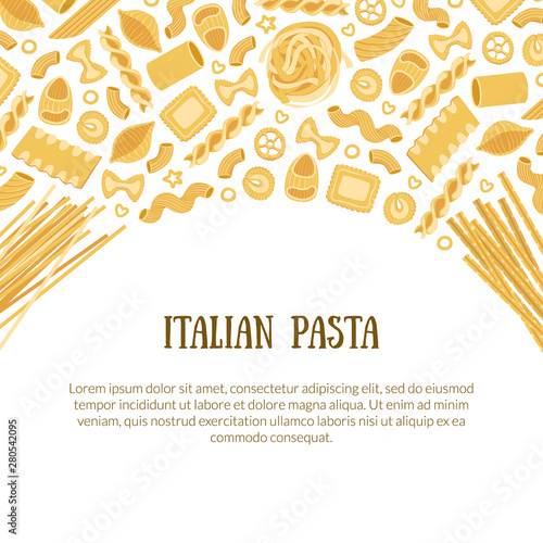 Italian Pasta Banner Template with Space for Text and Different Types of Traditional Pasta Can Be Used for Menu, Packaging, Fyer, Card Vector Illustration