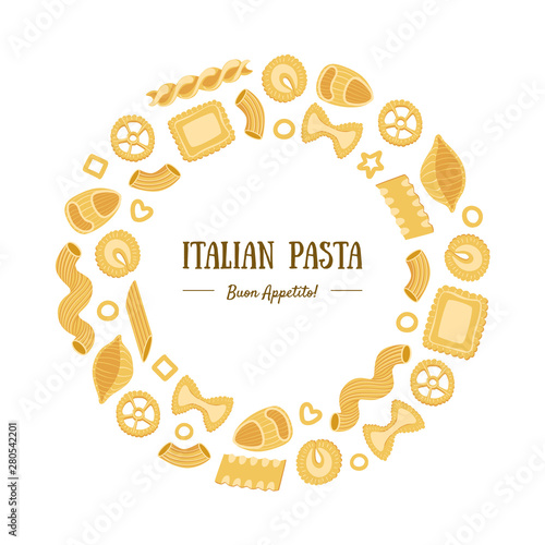 Italian Pasta Banner Template Round Frame with Different Types of Traditional Pasta Can Be Used for Menu  Packaging  Fyer  Card Vector Illustration