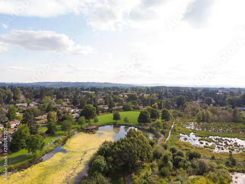 Photo of the suburb from a height  drone  landscape background