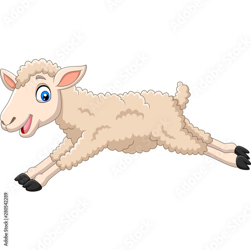 Cartoon happy lamb jumping on white background