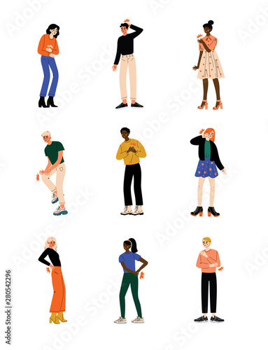 People Feeling Pain in Different Parts of Body Caused By Illness or Injury Set  Toothache  Headache  Stomachache  Backache  Pain in Arms  Legs  Shoulder and Chest Vector Illustration