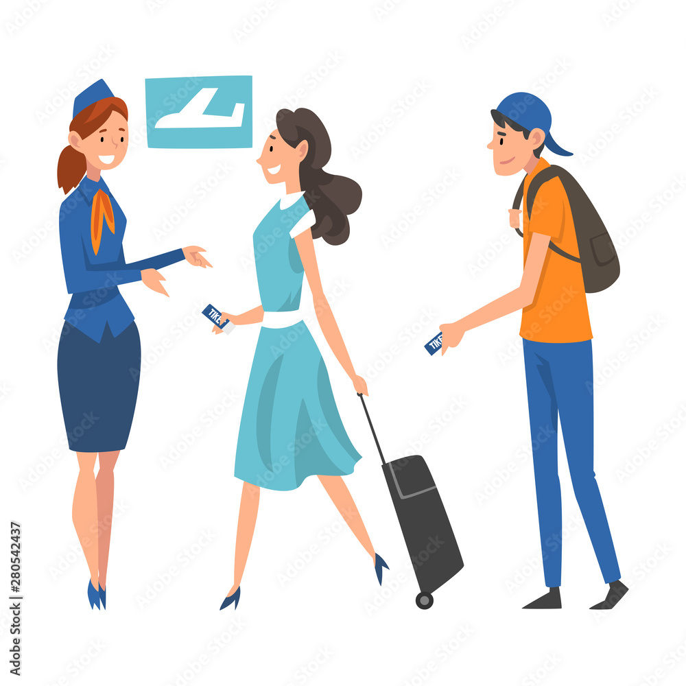 Passengers Waiting Check at Airport, Stewardess Checking Ticket Documents Vector Illustration Passengers Waiting Check at Airport, Stewardess Checking Ticket Documents Vector Illustration