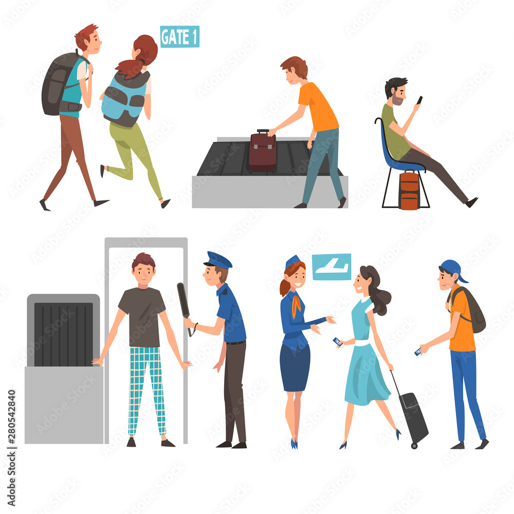 Fototapeta premium People in Airport Set, Passengers Passing Through Security Scanner, Waiting Check for Registration and Running with their Backpacks to Catch Flight Vector Illustration