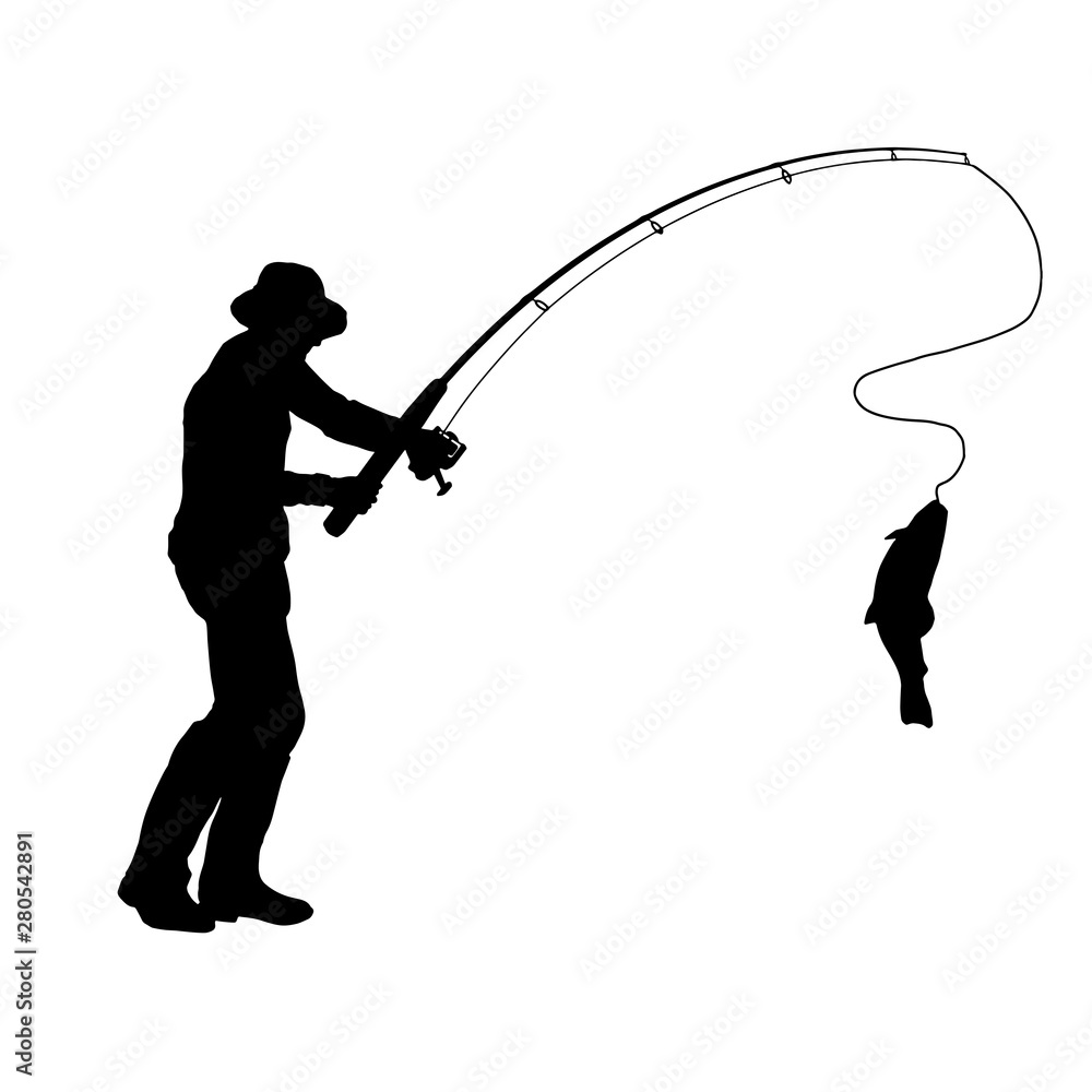 Fisherman with a fishing rod and fish. On white background fisherman.  Isolated silhouette of a fisherman. Stock Vector