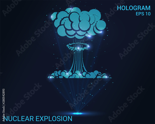 A hologram of a nuclear explosion. A holographic projection of a nuclear bomb. Flickering energy flux of particles. Scientific military design.