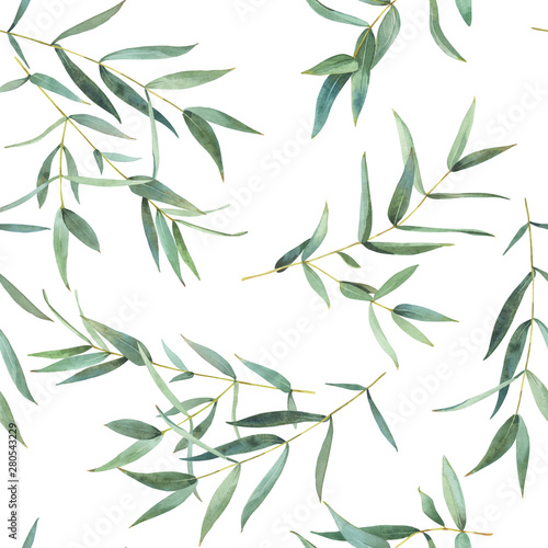 Fototapeta Naklejka Na Ścianę i Meble -  Seamless pattern of watercolor eucalyptus leaves,background