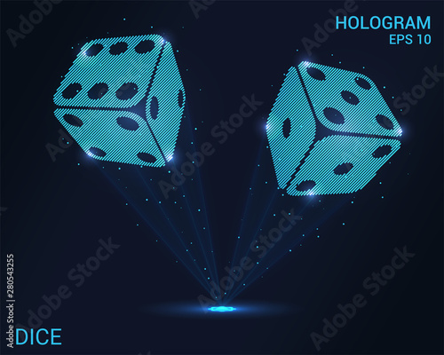 Dice hologram. Holographic projection of casino dice. Flickering energy flux of particles. The scientific design of gambling.