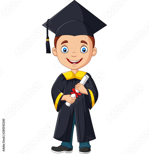 Cartoon boy in graduation costume holding a diploma