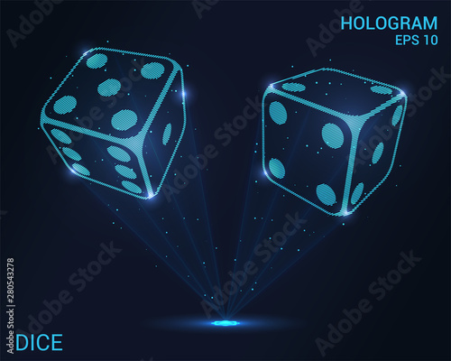 Dice hologram. Holographic projection of casino dice. Flickering energy flux of particles. The scientific design of gambling.