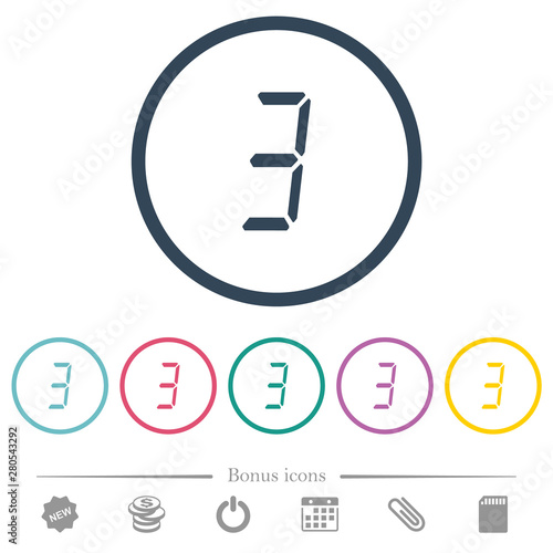digital number three of seven segment type flat color icons in round outlines