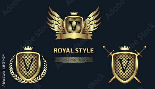 Set of modern heraldic shields with crowns and initial letter V isolated on black background. 3D letter monogram different shapes in golden style. Design elements for logo, label, emblem, sign, icon.