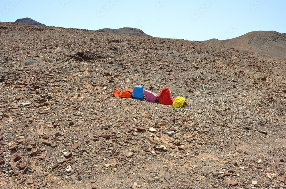 Colorful Painted Stones in the Volcanic Landscape of Fuerteventura Colorful Painted Stones in the Volcanic Landscape of Fuerteventura