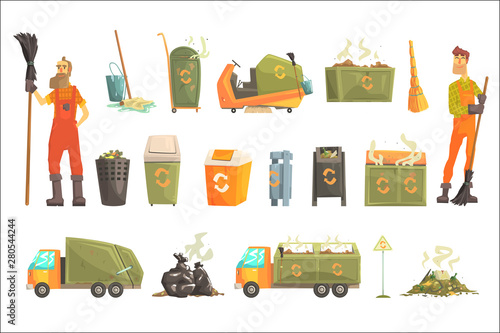 Waste Recycling And Disposal Related Object Around Garbage Collector Man Set Of Cartoon Bright Icons