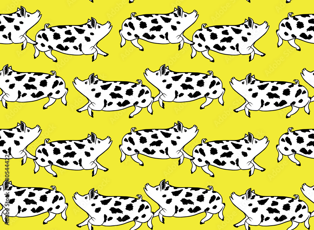 Pattern white pigs with black spots on a yellow background Pattern white pigs with black spots on a yellow background