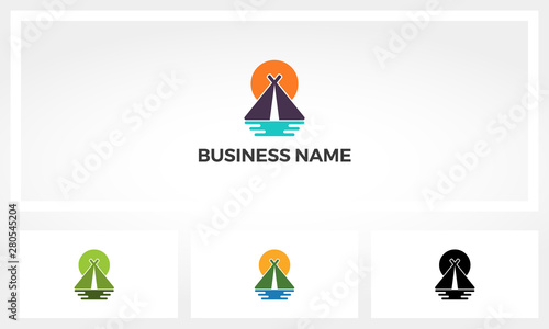 Tent Water River Lake Sunrise Sunset Logo