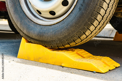 Camper leveling block in use.