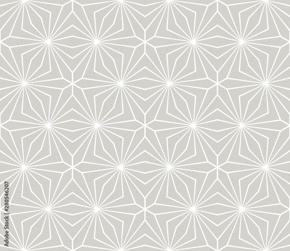 Abstract simple geometric vector seamless pattern with white line floral texture on grey background. Light gray modern wallpaper, bright tile backdrop, monochrome graphic element