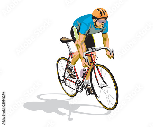 Young racing bicyclist man with bike isolated on white background in flat style