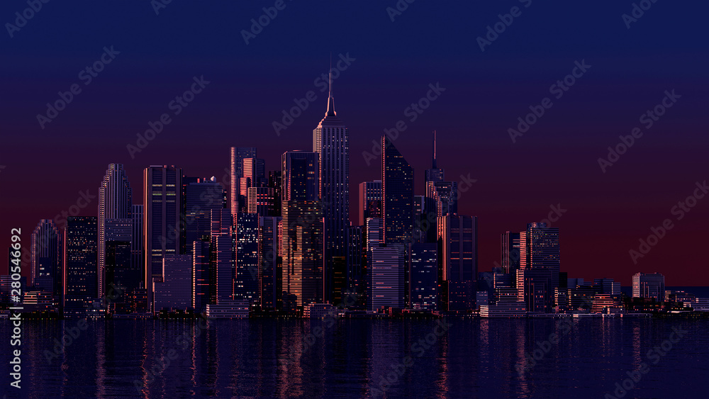 Panoramic view of skyscrapers at nignt. (3D illustration)