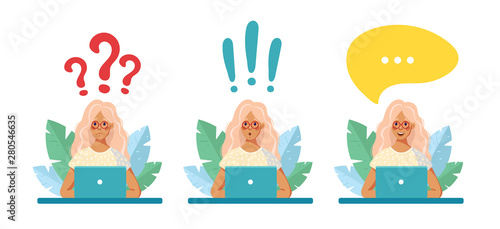 The girl in glasses sits at a laptop on the background of leaves. Speech bubble, question mark, exclamation mark above it. The girl found the answer, the solution, wonders, communicates. Vector © Tanya