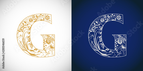 G logotype. Cutting golden logo. G-name idea. Concept of capital letter G in ethnical vip style. Isolated abstract graphic design template. Decorative symbol, royal fairy bird, grape. Brand identity.